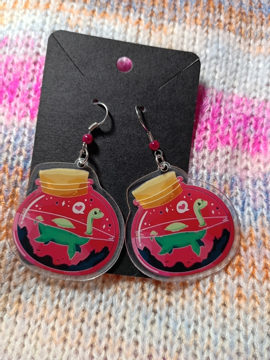 Jewelry - Loch Ness Monster Nessie Scotland Cryptid Cute Magical Jar Earrings Retro 80s